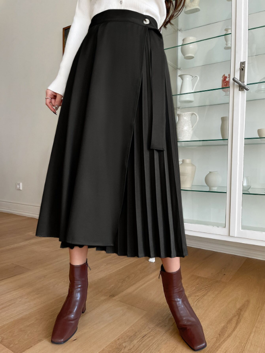 DAZY Pleated Panel Draped Side Wrap Skirt