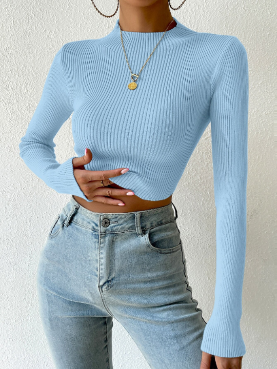 Priv Mock Neck Rib-knit Crop Sweater