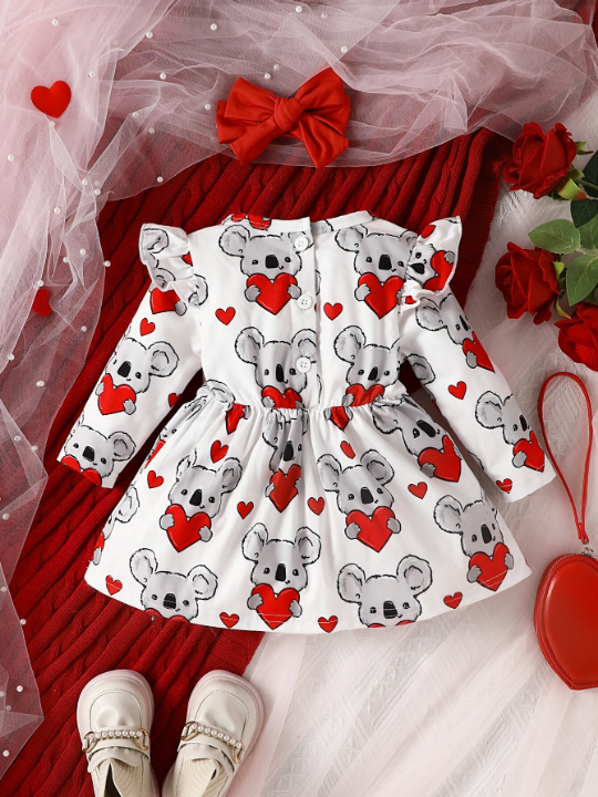 Baby Girl Heart & Bear Print Ruffle Trim Bow Front Dress & Headband