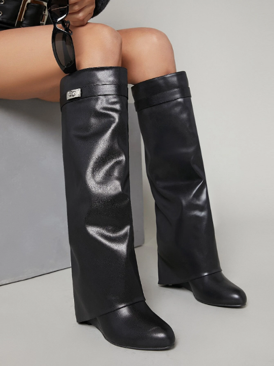 Haute Buckle Detail Foldover Slip On Boots