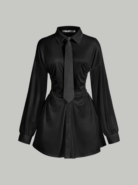 MOD Drop Shoulder Ruched Waist Black Shirt Dress With Necktie