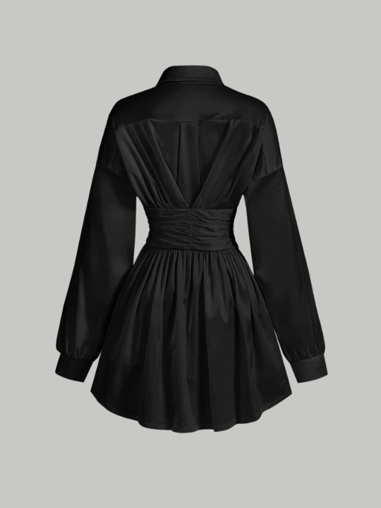 MOD Drop Shoulder Ruched Waist Black Shirt Dress With Necktie