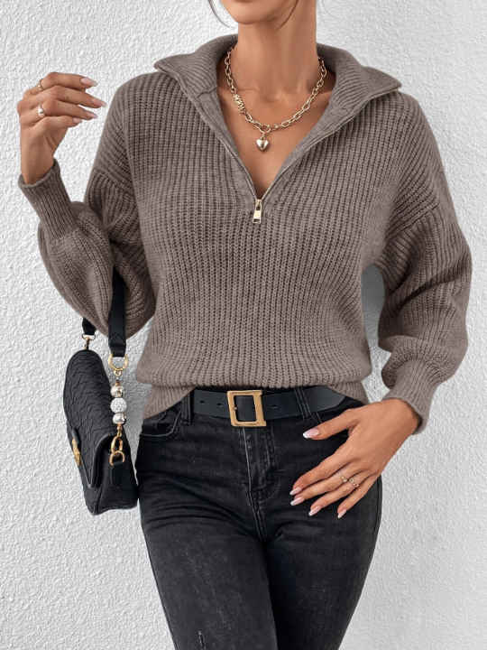 Frenchy Half Zip Drop Shoulder Grain Sweater