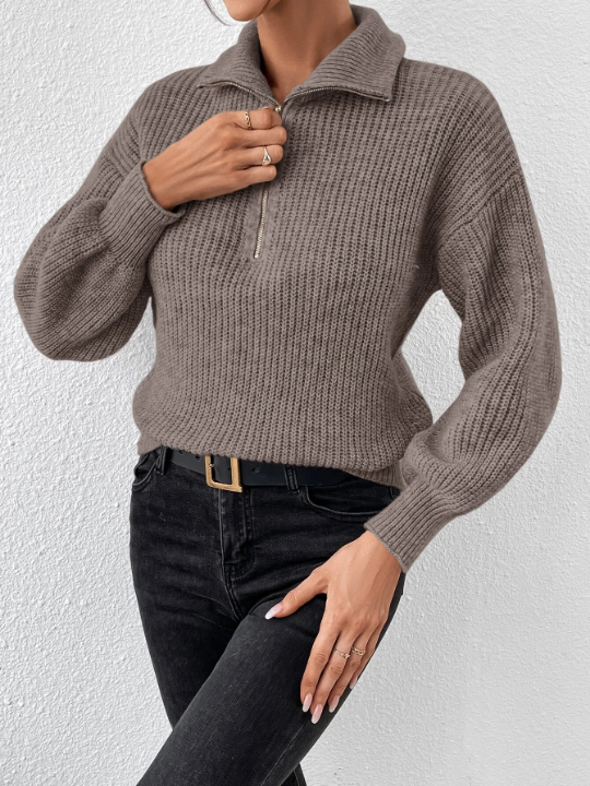 Frenchy Half Zip Drop Shoulder Grain Sweater