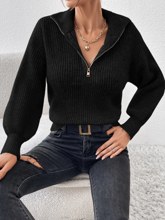 Frenchy Black Half Zip Drop Shoulder Sweater