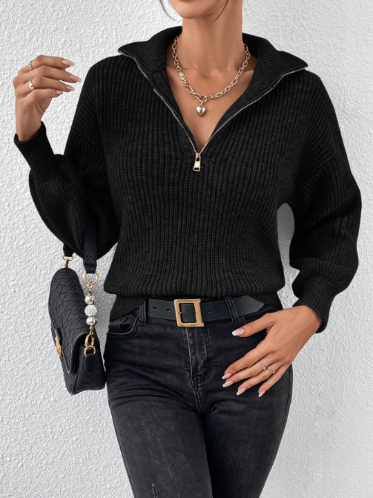 Frenchy Black Half Zip Drop Shoulder Sweater