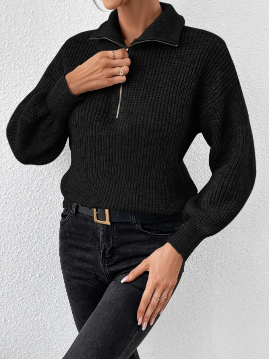 Frenchy Black Half Zip Drop Shoulder Sweater