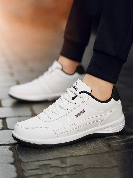 Men's Fashion Letter Patch Decor Lace-Up Front Running Shoes Pu Casual Sneakers White Pu Sneakers Manfinity Basics