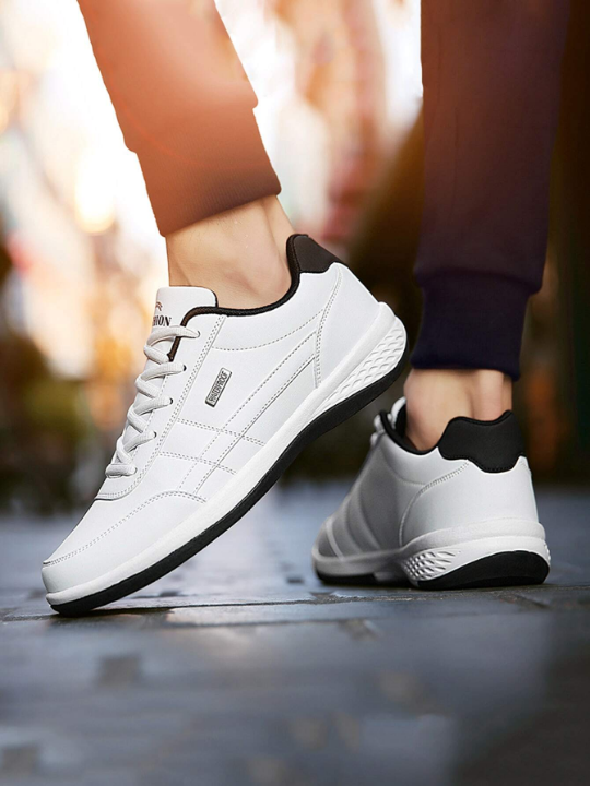 Men's Fashion Letter Patch Decor Lace-Up Front Running Shoes Pu Casual Sneakers White Pu Sneakers Manfinity Basics