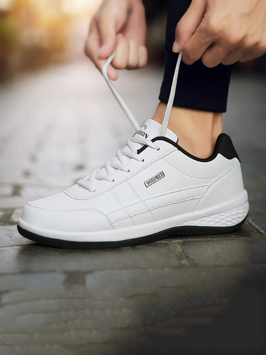 Men's Fashion Letter Patch Decor Lace-Up Front Running Shoes Pu Casual Sneakers White Pu Sneakers Manfinity Basics