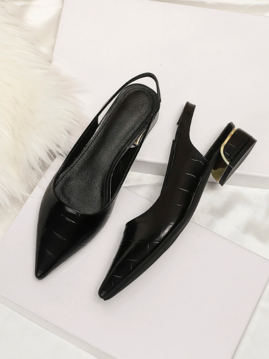 Women Black Crocodile Embossed Flats,  Point Toe Slingback Flats