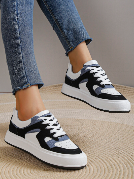 Women Colorblock Lace-up Front Skate Shoes, Sporty Outdoor Sneakers