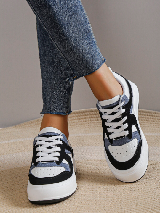 Women Colorblock Lace-up Front Skate Shoes, Sporty Outdoor Sneakers