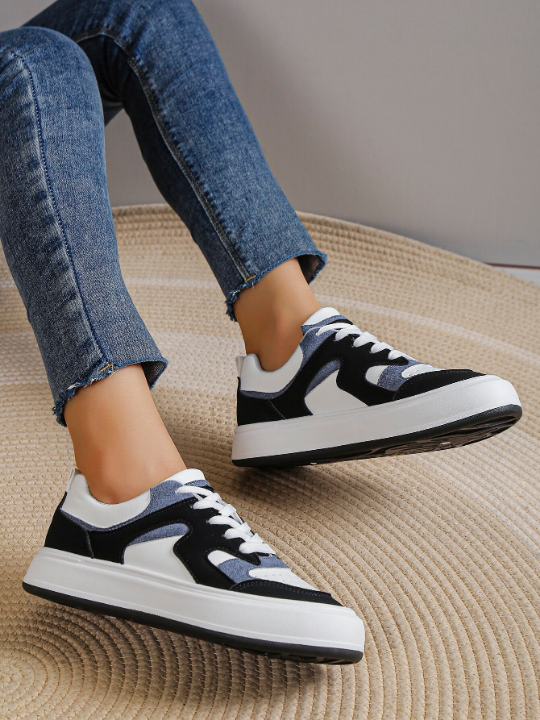 Women Colorblock Lace-up Front Skate Shoes, Sporty Outdoor Sneakers