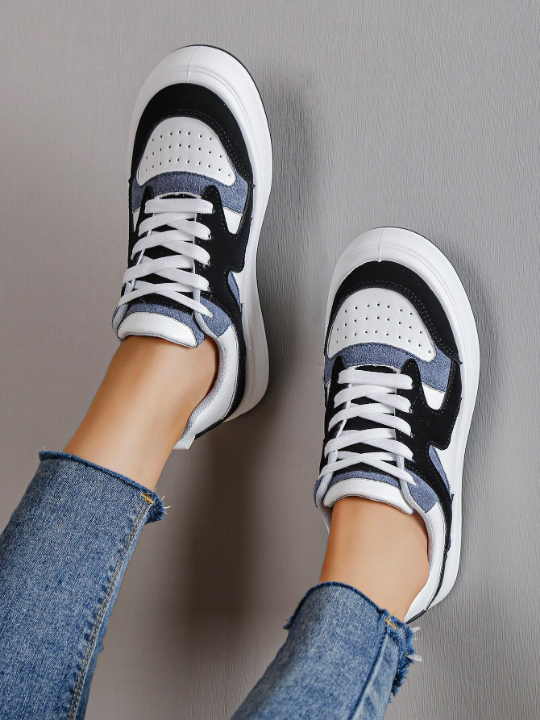 Women Colorblock Lace-up Front Skate Shoes, Sporty Outdoor Sneakers