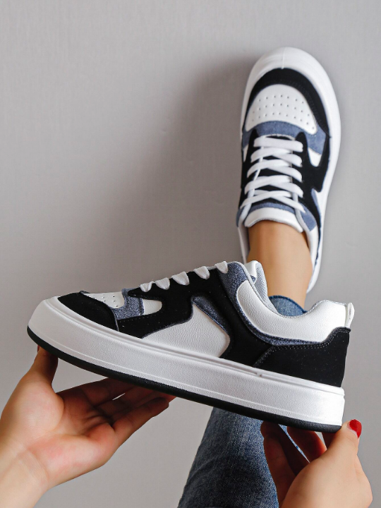 Women Colorblock Lace-up Front Skate Shoes, Sporty Outdoor Sneakers