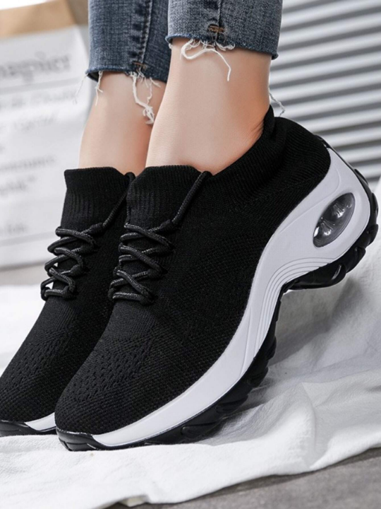 Women Black Minimalist Air Cushion Design Running Shoes, Lace Up Front Sneakers For Daily