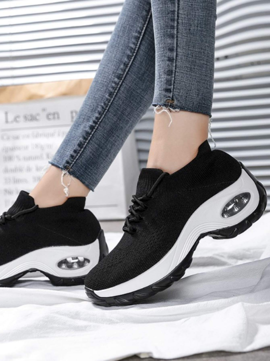 Women Black Minimalist Air Cushion Design Running Shoes, Lace Up Front Sneakers For Daily