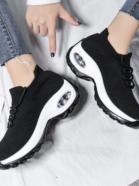 Women Black Minimalist Air Cushion Design Running Shoes, Lace Up Front Sneakers For Daily