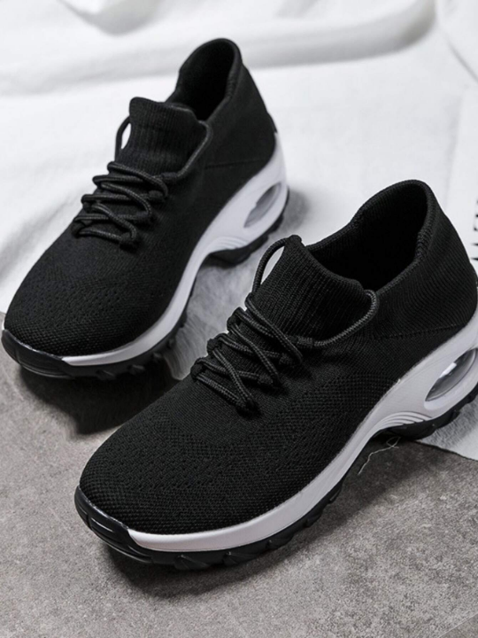 Women Black Minimalist Air Cushion Design Running Shoes, Lace Up Front Sneakers For Daily