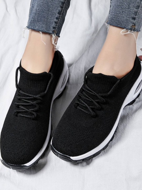 Women Black Minimalist Air Cushion Design Running Shoes, Lace Up Front Sneakers For Daily