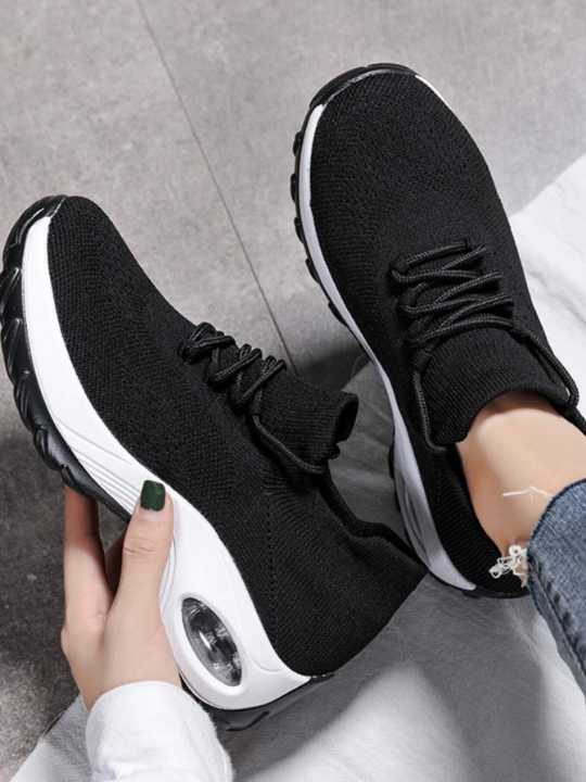 Women Black Minimalist Air Cushion Design Running Shoes, Lace Up Front Sneakers For Daily