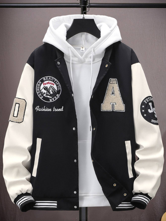 Manfinity Sporsity Men Letter Graphic Colorblock Varsity Jacket Without Hoodie