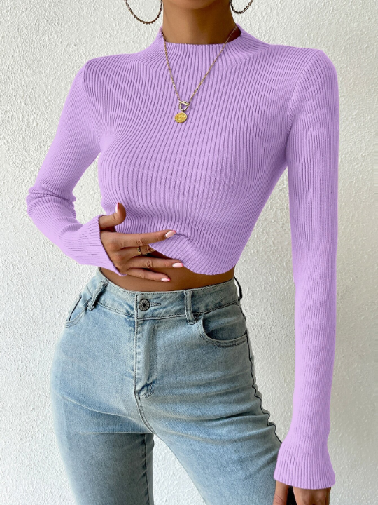 Essnce Mock Neck Rib-knit Crop Sweater