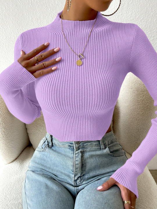 Essnce Mock Neck Rib-knit Crop Sweater