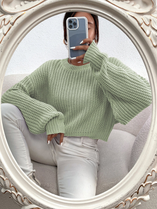 Frenchy Solid Ribbed Knit Drop Shoulder Sweater