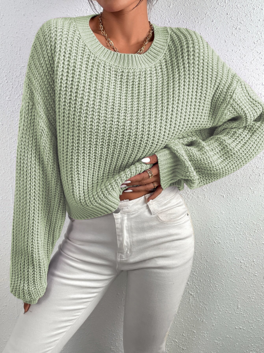 Frenchy Solid Ribbed Knit Drop Shoulder Sweater