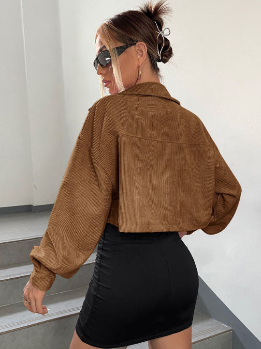 EZwear Drop Shoulder Flap Detail Crop Corduroy Jacket