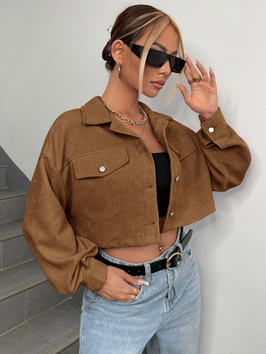 EZwear Drop Shoulder Flap Detail Crop Corduroy Jacket