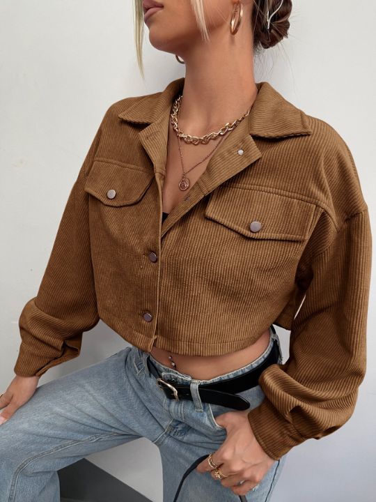 EZwear Drop Shoulder Flap Detail Crop Corduroy Jacket