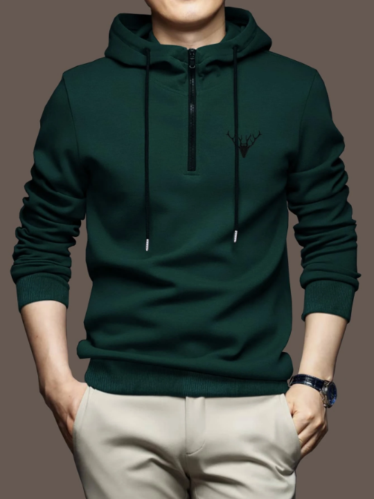 Manfinity Homme Men Deer Embroidery Quarter Zipper Drawstring Hoodie