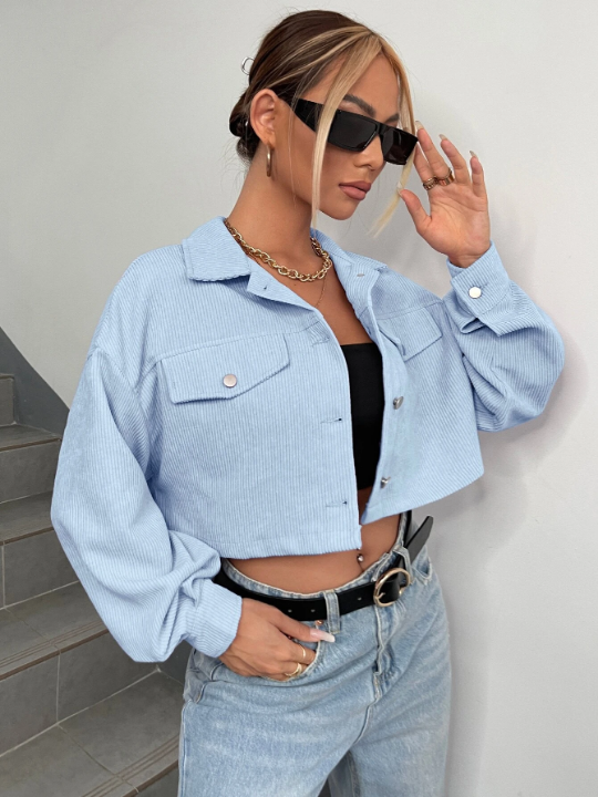 EZwear Drop Shoulder Flap Detail Crop Corduroy Jacket