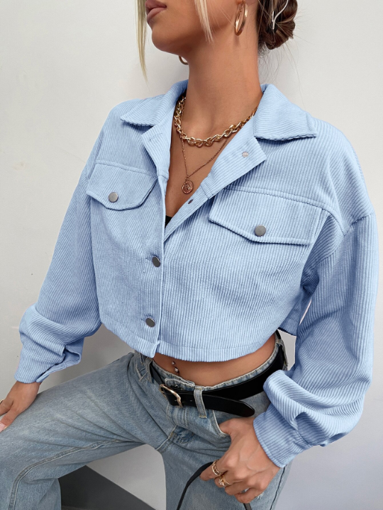 EZwear Drop Shoulder Flap Detail Crop Corduroy Jacket