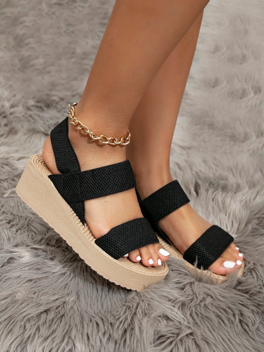 Minimalist Slingback Wedge Sandals, Black Vacation Solid Color Wedge Sandals