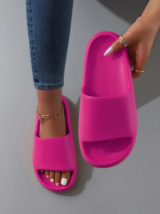 Minimalist Single Band Slides, Futuristic Style Solid Pink Flat Sandals