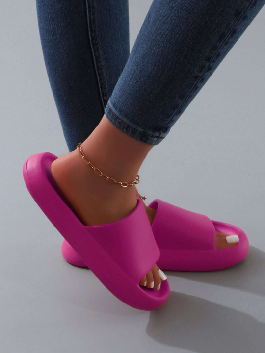 Minimalist Single Band Slides, Futuristic Style Solid Pink Flat Sandals