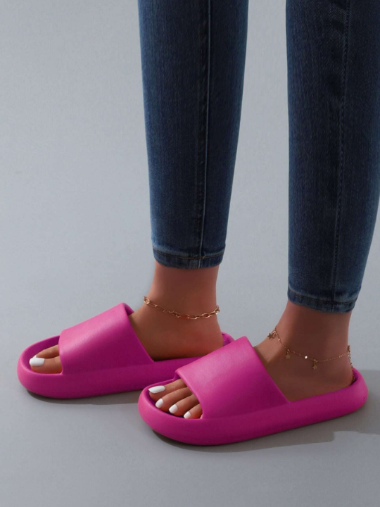 Minimalist Single Band Slides, Futuristic Style Solid Pink Flat Sandals