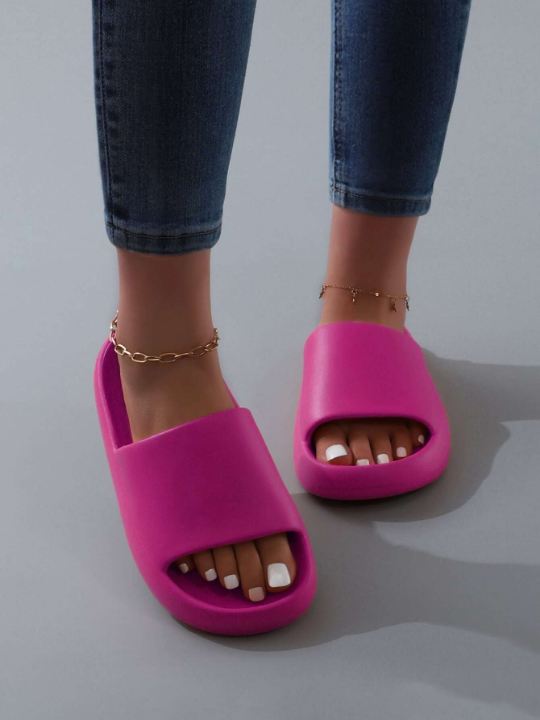 Minimalist Single Band Slides, Futuristic Style Solid Pink Flat Sandals