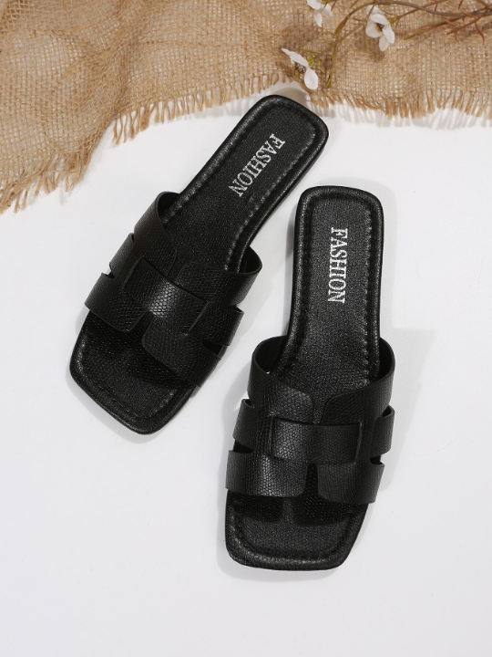 Snakeskin Embossed Slide Sandals, Black Elegant Snake Print Slides