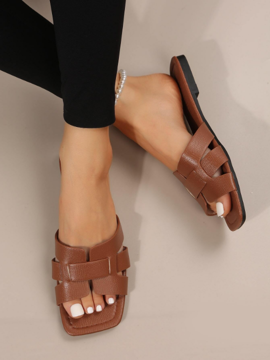 Snakeskin Embossed Cut Out Slide Sandals, Brown Elegant Snake Patterned Sandals