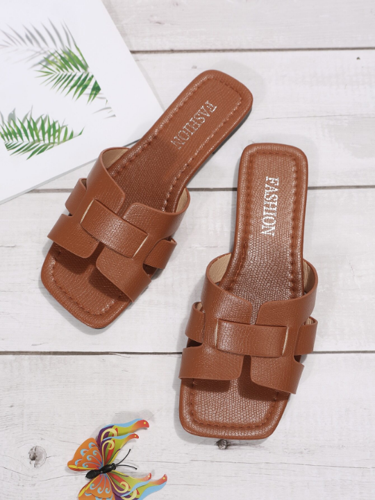 Snakeskin Embossed Cut Out Slide Sandals, Brown Elegant Snake Patterned Sandals