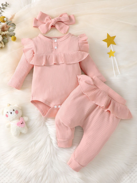 Baby Girl Ruffle Trim Bodysuit & Pants & Headband