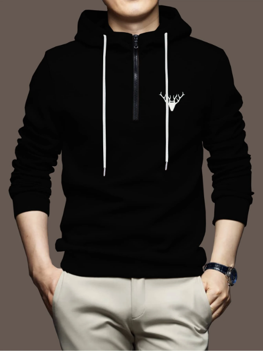 Manfinity Homme Men Deer Embroidery Quarter Zipper Drawstring Hoodie