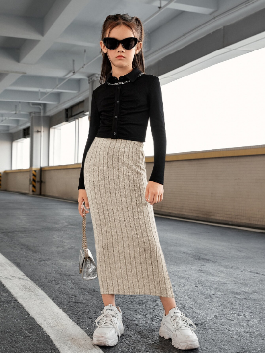 Tween Girl Slim-Fit Casual High Waist Striped Knitted Midi Skirt