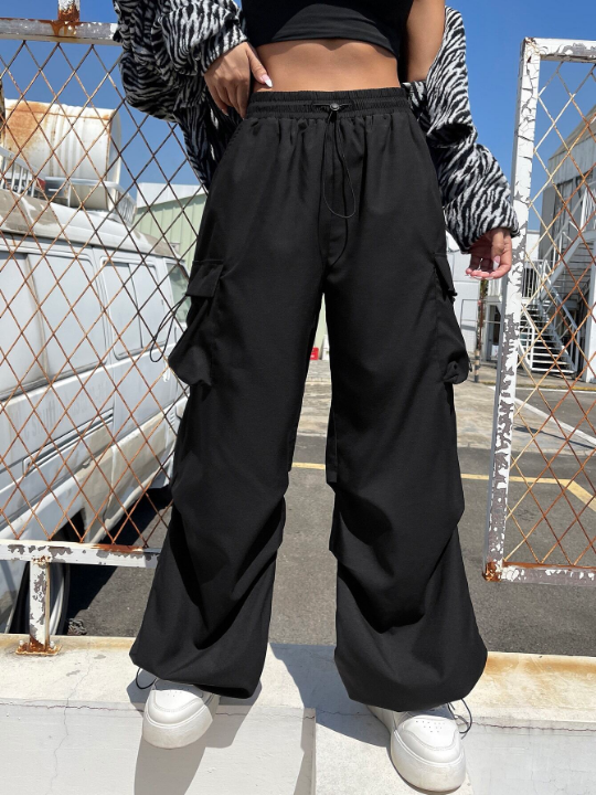 Coolane Black Flap Pocket Side Drawstring Waist Parachute Cargo Pants