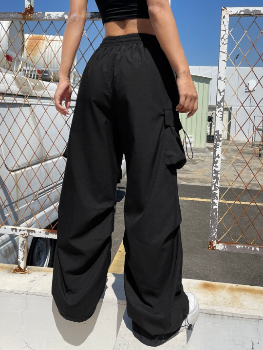 Coolane Black Flap Pocket Side Drawstring Waist Parachute Cargo Pants